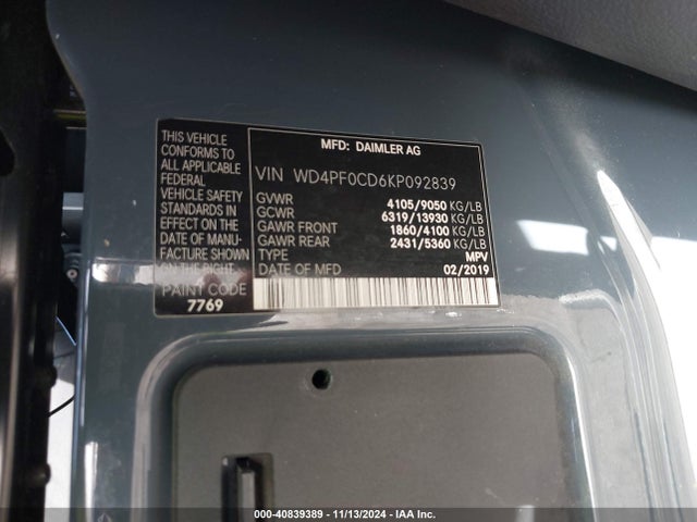 WD4PF0CD6KP092839 Mercedes-Benz Sprinter 2500 High Roof V6/standard Roof V6