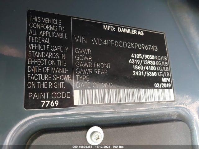 WD4PF0CD2KP096743 Mercedes-Benz Sprinter 2500 High Roof V6/standard Roof V6