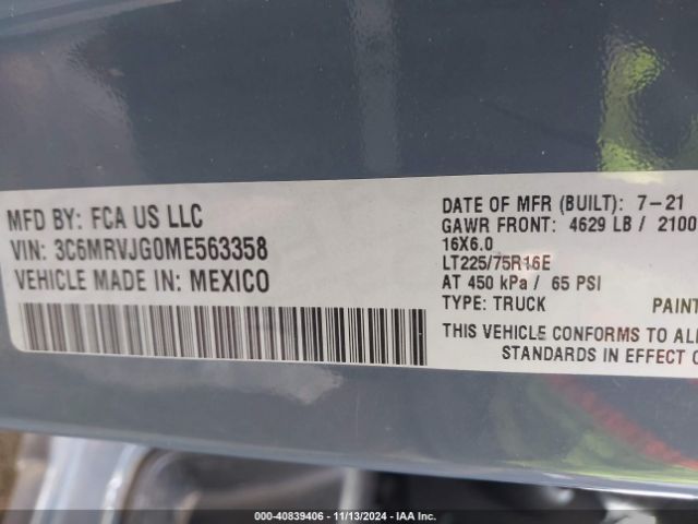 3C6MRVJG0ME563358 RAM Promaster 3500 Cargo Van High Roof 159 Wb Ext