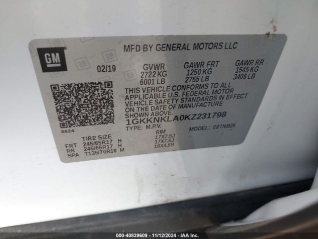 1GKKNKLA0KZ231798 GMC Acadia Sle-1