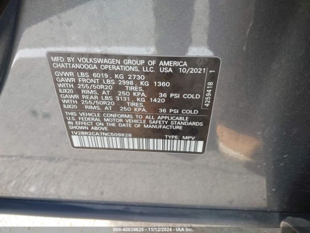 1V2BR2CA7NC509828 Volkswagen Atlas 3.6l V6 Sel