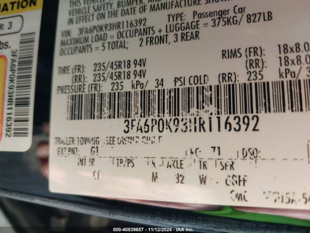 3FA6P0K93HR116392 Ford Fusion Titanium