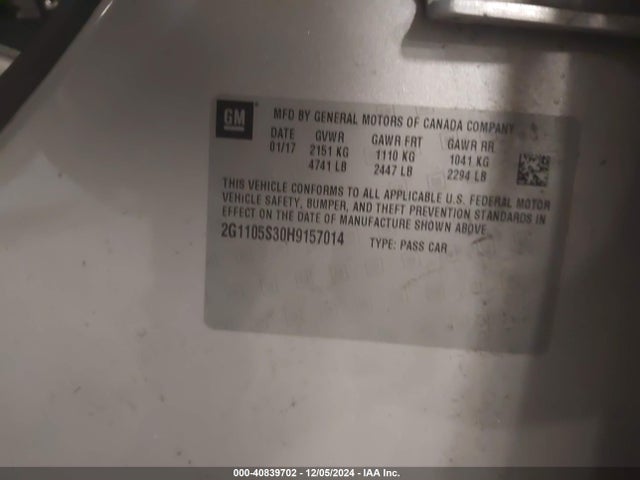 Chevrolet IMPALA 1LT 2017 2G1105S30H9157014 Image 9