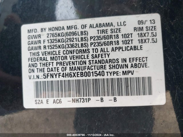 Honda Pilot Ex-l 2014 5FNYF4H6XEB001540 Image 9