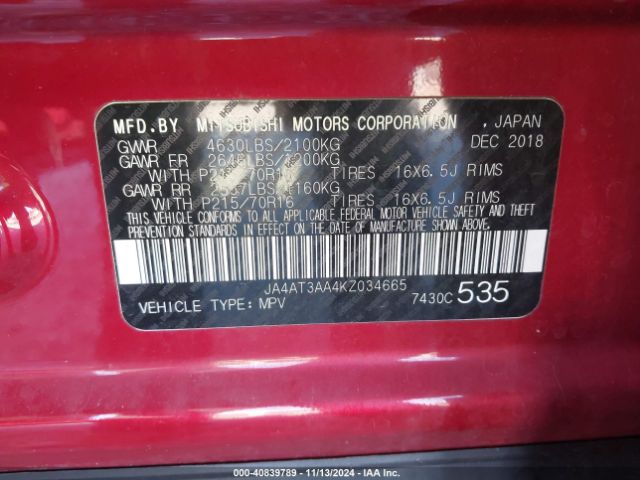 JA4AT3AA4KZ034665 Mitsubishi Eclipse Cross Es