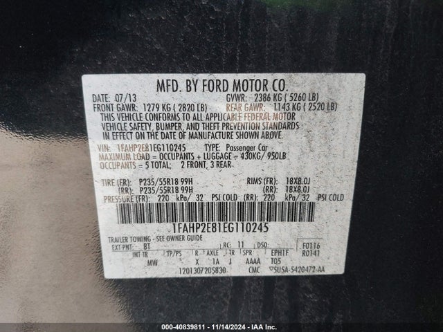1FAHP2E81EG110245 Ford TAURUS SEL