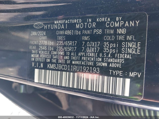 KM8JBCD11RU192193 Hyundai Tucson Hybrid Blue