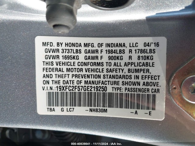 Honda Civic Lx 2016 19XFC2F57GE219250 Image 9