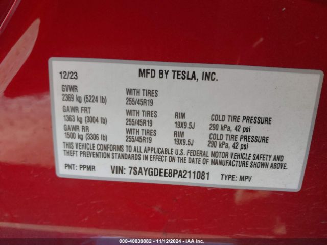 7SAYGDEE8PA211081 Tesla Model Y Awd/long Range Dual Motor All-wheel Drive
