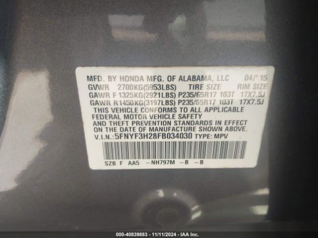 5FNYF3H28FB034030 Honda PILOT LX