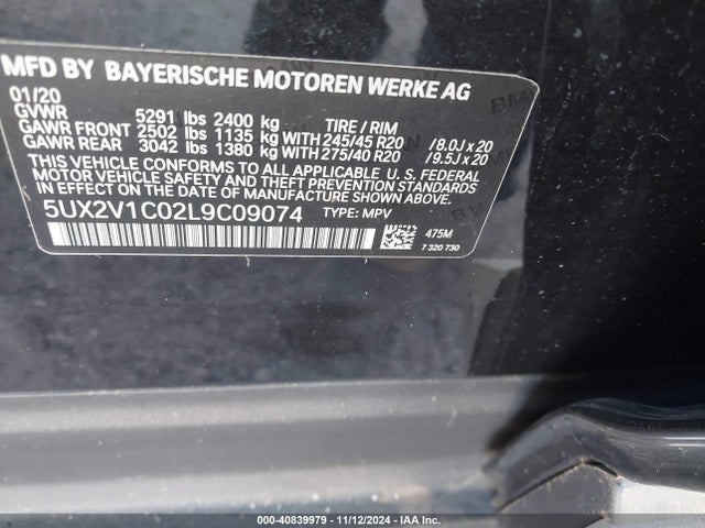 5UX2V1C02L9C09074 BMW X4 Xdrive30i