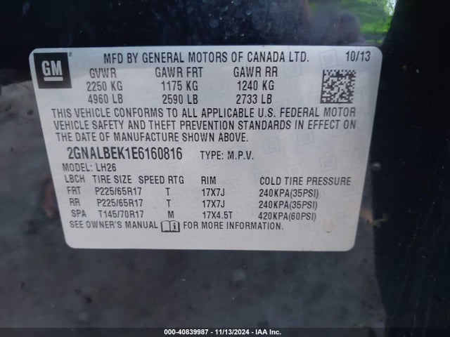Chevrolet EQUINOX 1LT 2014 2GNALBEK1E6160816 Image 9