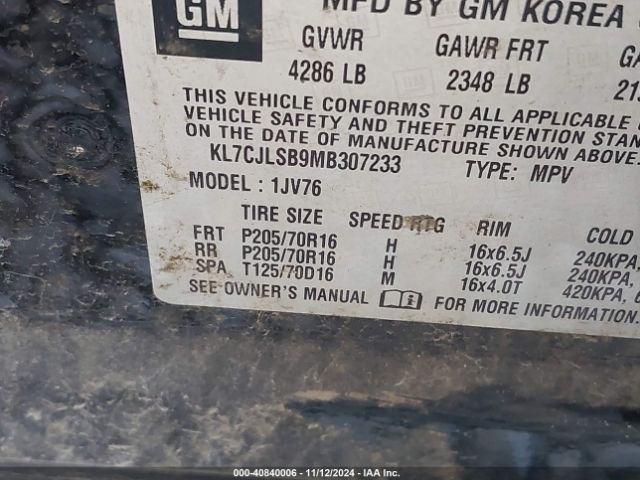 KL7CJLSB9MB307233 Chevrolet Trax Fwd Lt