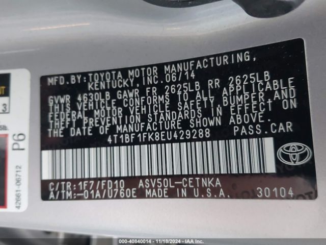 4T1BF1FK8EU429288 Toyota CAMRY LE