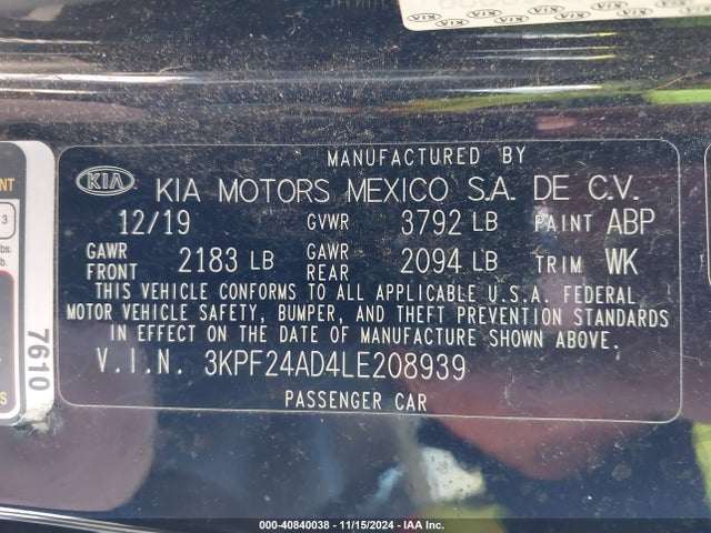 KIA Forte Lxs 2020 3KPF24AD4LE208939 Image 9