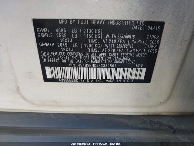 4S4BSBNC5F3331807 Subaru Outback 2.5i Limited