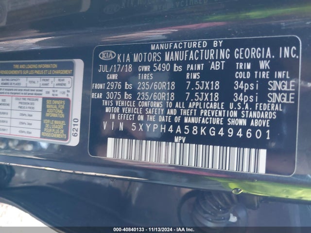 5XYPH4A58KG494601 KIA Sorento 3.3l Ex