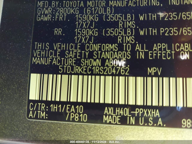 5TDJRKEC1RS204762 Toyota SIENNA XLE