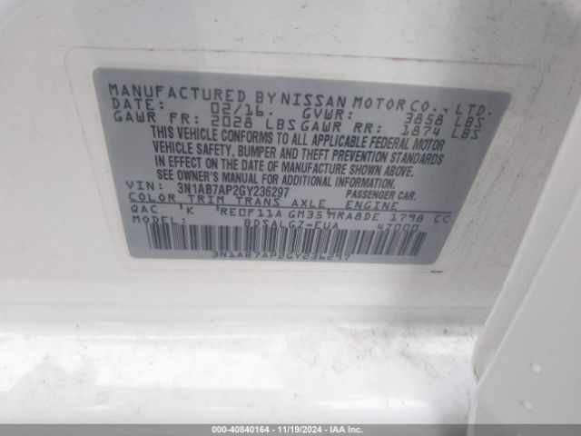 3N1AB7AP2GY236297 Nissan SENTRA SL