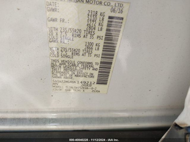5N1AZ2MG4GN149212 Nissan Murano Platinum