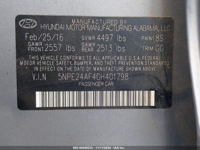 5NPE24AF4GH401798 Hyundai Sonata