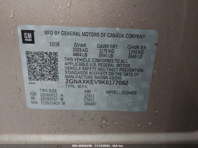 Chevrolet EQUINOX LT 2019 2GNAXKEV9K6177082 Image 9