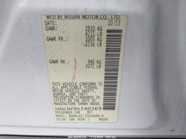 Nissan Altima 2.5 Sl 2014 1N4AL3AP3EN240569 Image 9