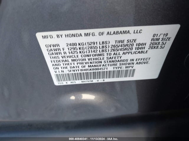 Honda Passport Elite 2019 5FNYF8H05KB004571 Image 9