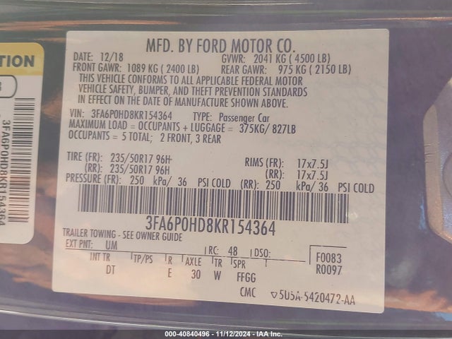 Ford FUSION SE 2019 3FA6P0HD8KR154364 Image 9