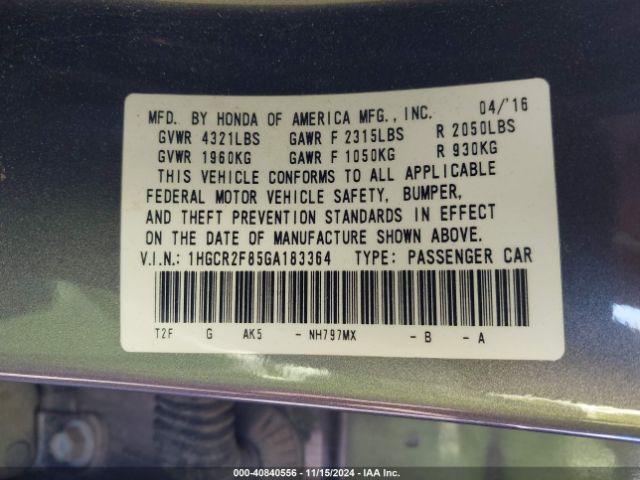 1HGCR2F85GA183364 Honda Accord Ex-l