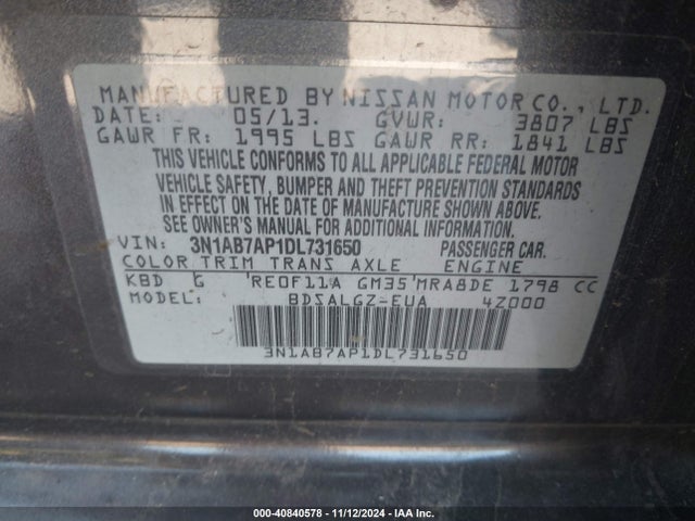 Aukcja sprzedaży 2013 Nissan Sentra Sl, vin: 3N1AB7AP1DL731650, numer aukcji: 40840578