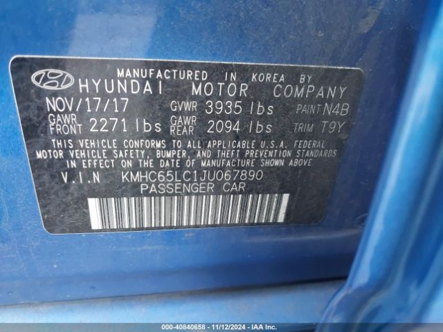 KMHC65LC1JU067890 Hyundai Ioniq Hybrid Blue