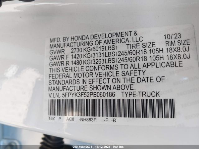 5FPYK3F52PB060186 Honda Ridgeline Rtl