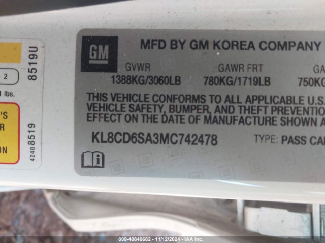 KL8CD6SA3MC742478 Chevrolet Spark Fwd 1lt Automatic