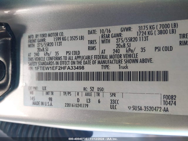 Ford F-150 Platinum 2017 1FTEW1EF2HFA33498 Image 9