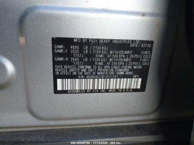 Subaru Outback 2.5i Premium 2015 4S4BSACC8F3211741 Image 9