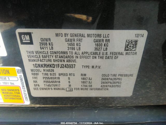 1GNKRHKD1FJ243937 Chevrolet Traverse 2lt