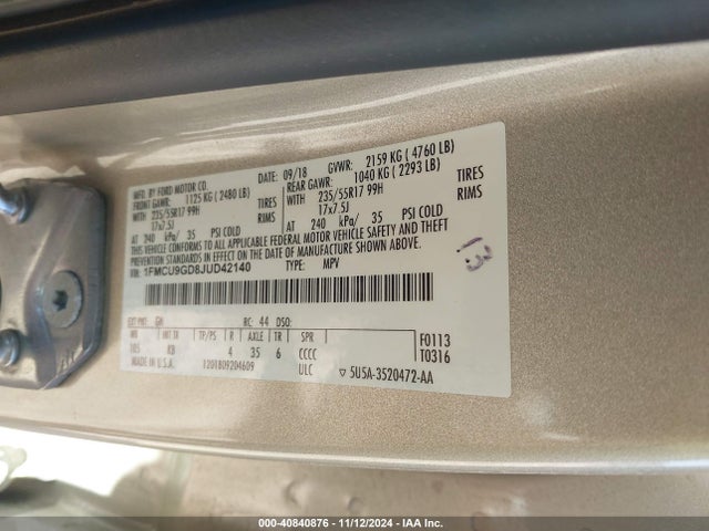 Ford ESCAPE SE 2018 1FMCU9GD8JUD42140 Image 9