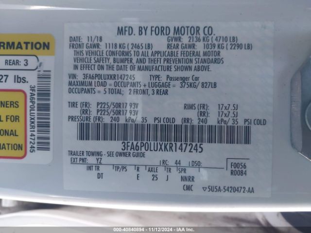 3FA6P0LUXKR147245 Ford Fusion Hybrid Se