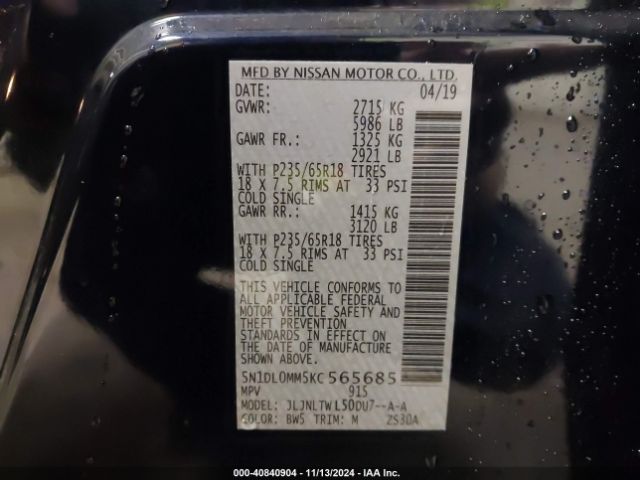 5N1DL0MM5KC565685 Infiniti QX60 LUXE