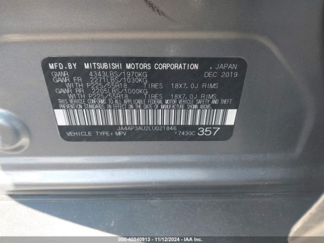 JA4AP3AU2LU021846 Mitsubishi Outlander Sport 2.0 Es