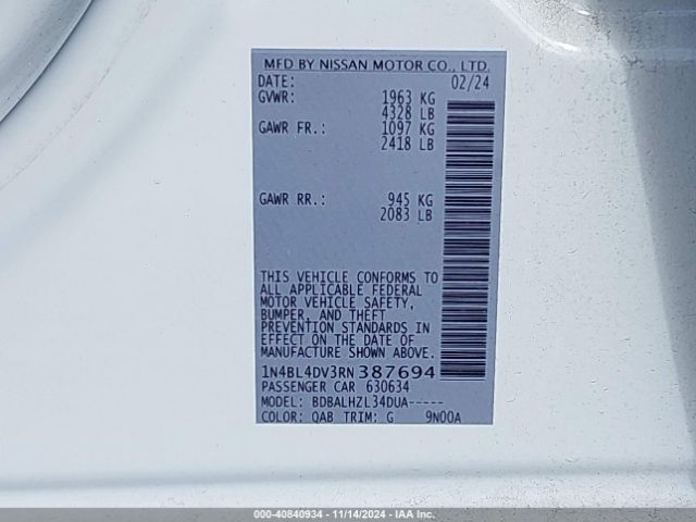 1N4BL4DV3RN387694 Nissan Altima Sv Fwd