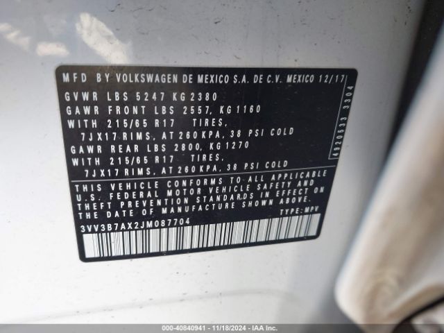 3VV3B7AX2JM087704 Volkswagen Tiguan 2.0t Se/2.0t Sel