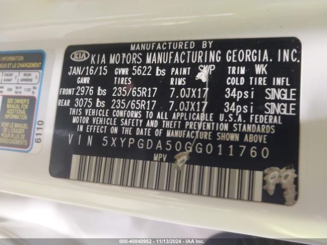 5XYPGDA50GG011760 KIA Sorento 3.3l Lx