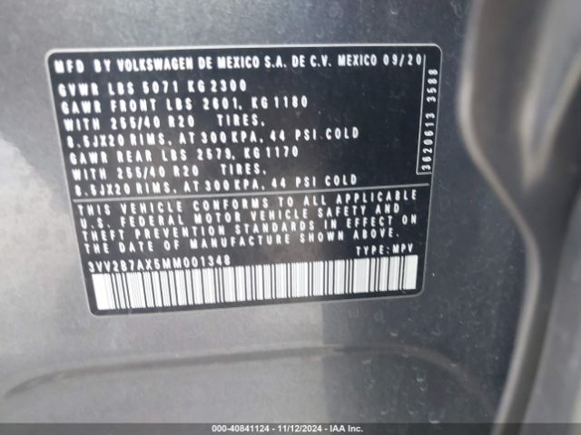 3VV2B7AX5MM001348 Volkswagen Tiguan 2.0t Se/2.0t Se R-line Black/2.0t Sel