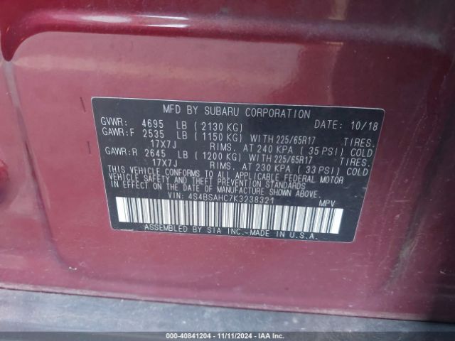 Subaru Outback 2.5i Premium 2019 4S4BSAHC7K3238321 Image 9