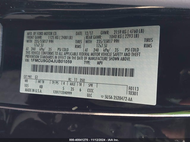 Ford ESCAPE SE 2018 1FMCU9GD4JUB01059 Image 9