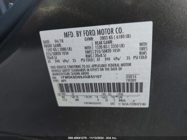 Ford EXPLORER XLT 2018 1FM5K8D89JGB53107 Image 9