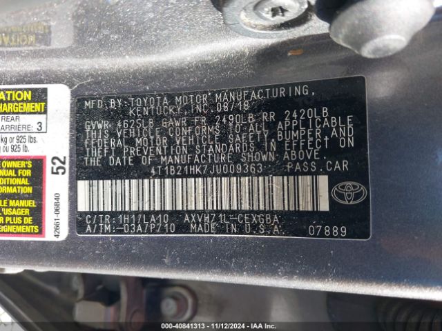 4T1B21HK7JU009363 Toyota Camry Hybrid Xle