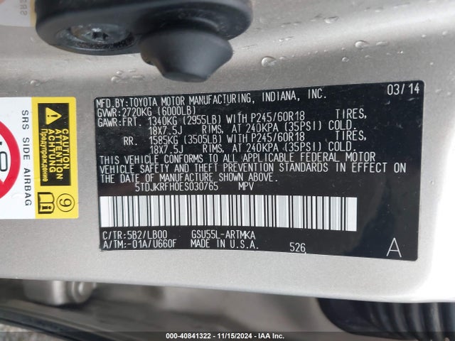 Toyota Highlander Xle V6 2014 5TDJKRFH0ES030765 Image 9